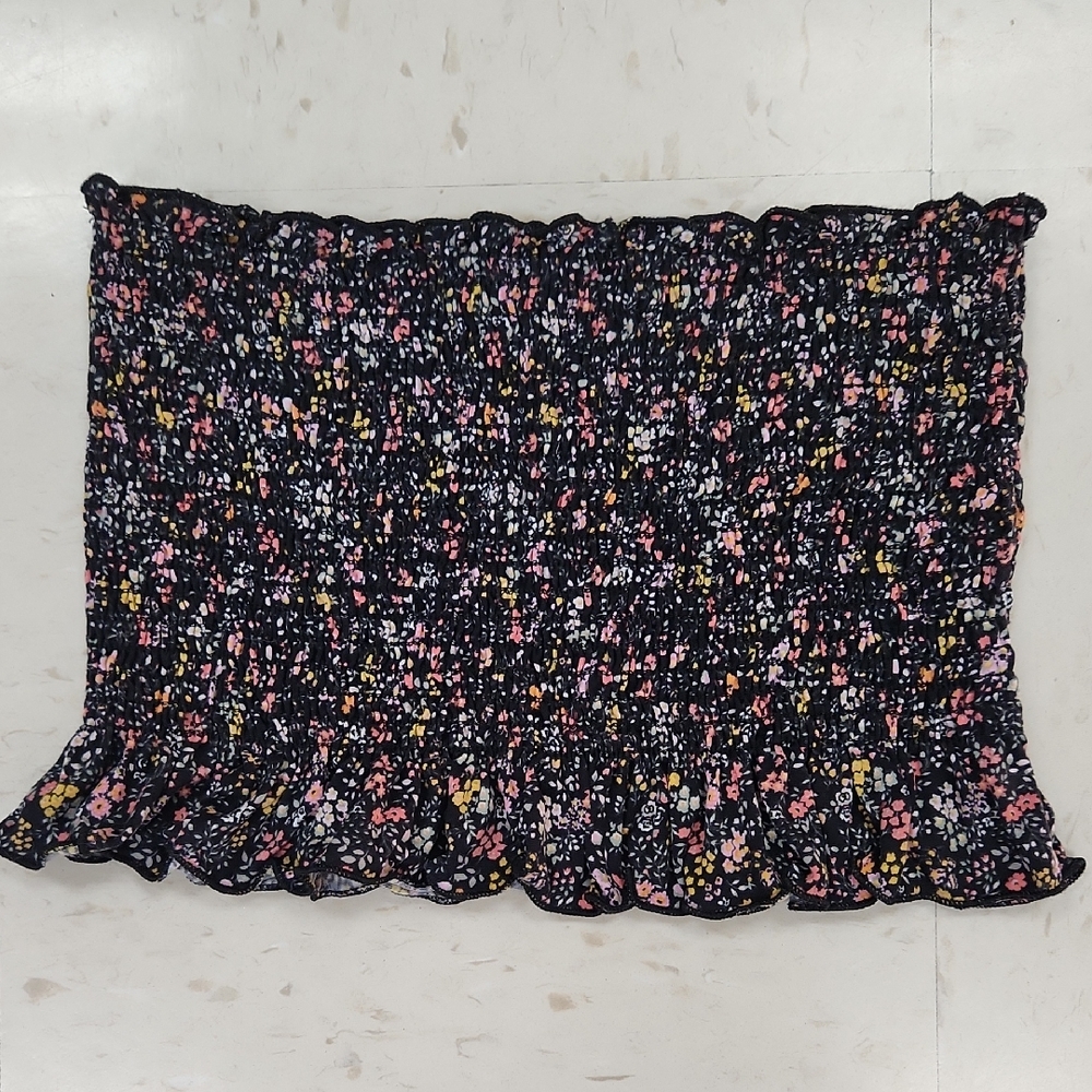 Forever 21 Black Multi-color Floral Elastic Ruffle Tube Top Women's Size Medium